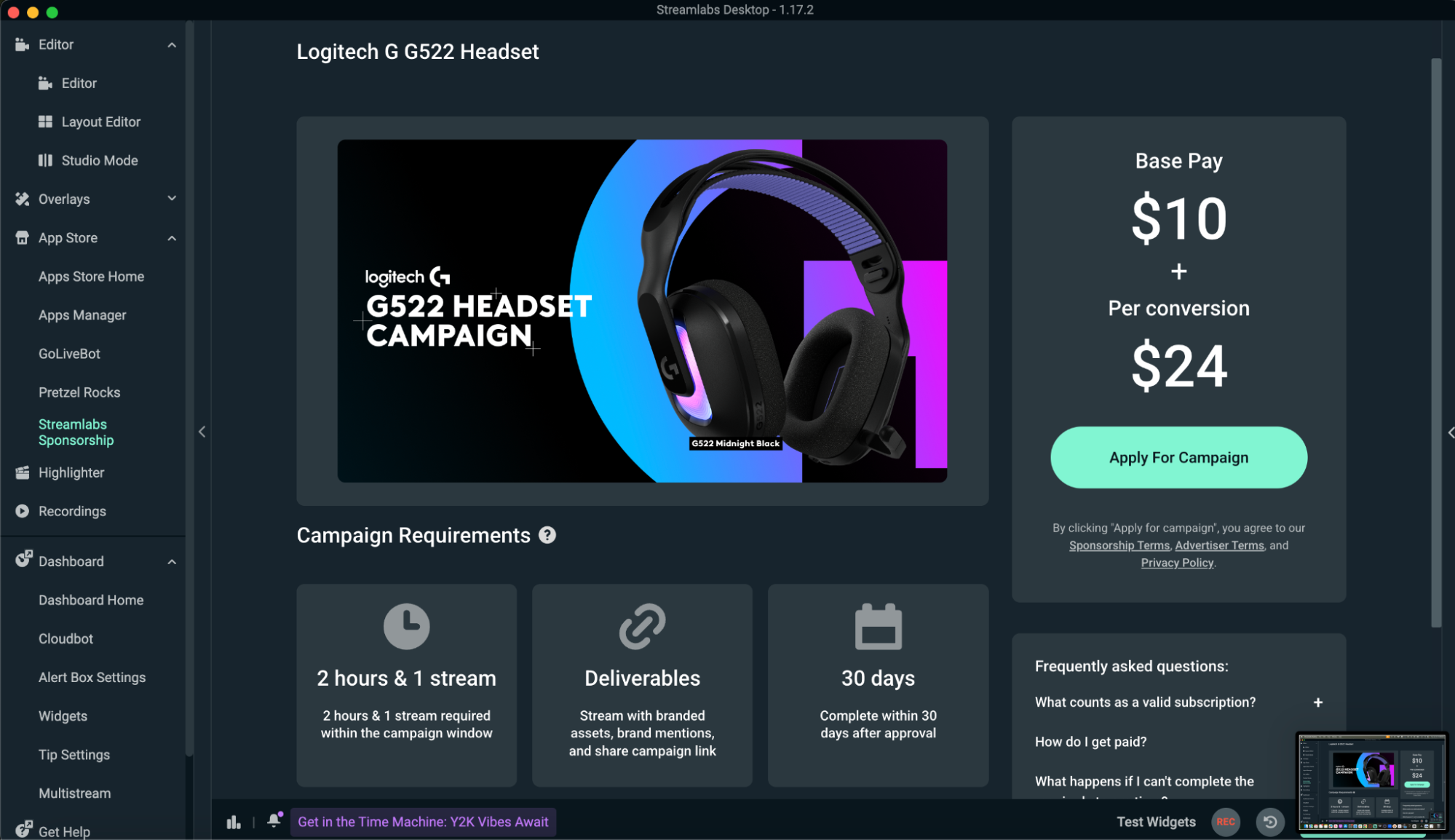 streamlabs sponsorships apply for campaign button